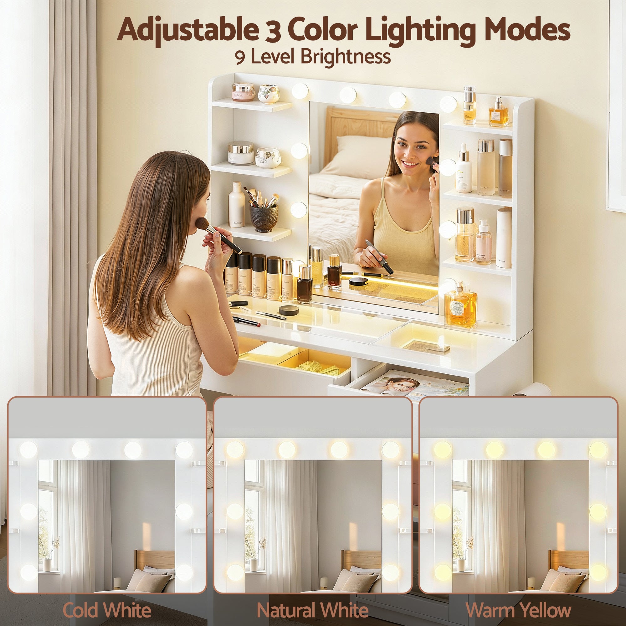 Artiss Dressing Table Vanity Desk Set 10 LED Bulbs RGB Light White - Homecoze