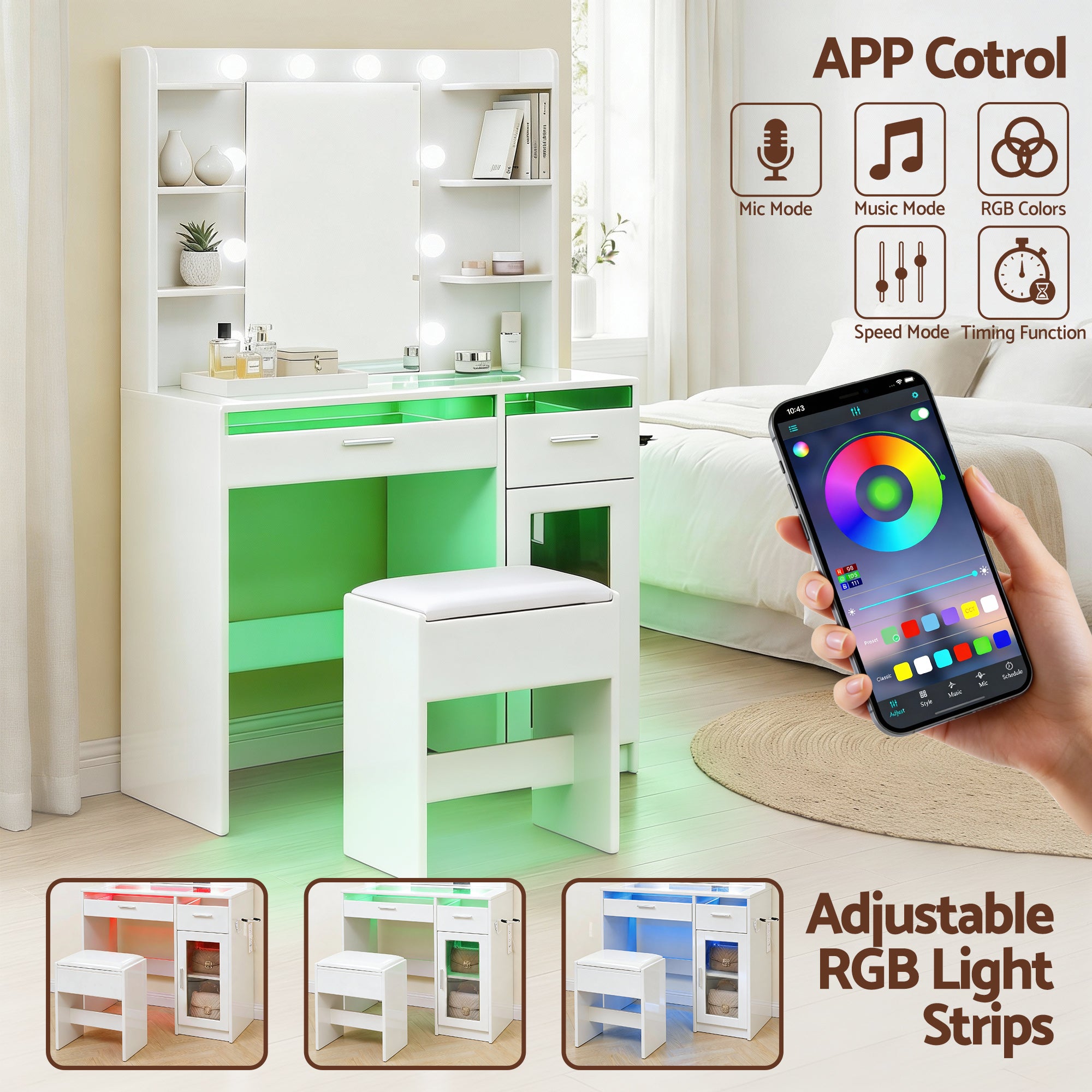 Artiss Dressing Table Vanity Desk Set 10 LED Bulbs RGB Light White - Homecoze