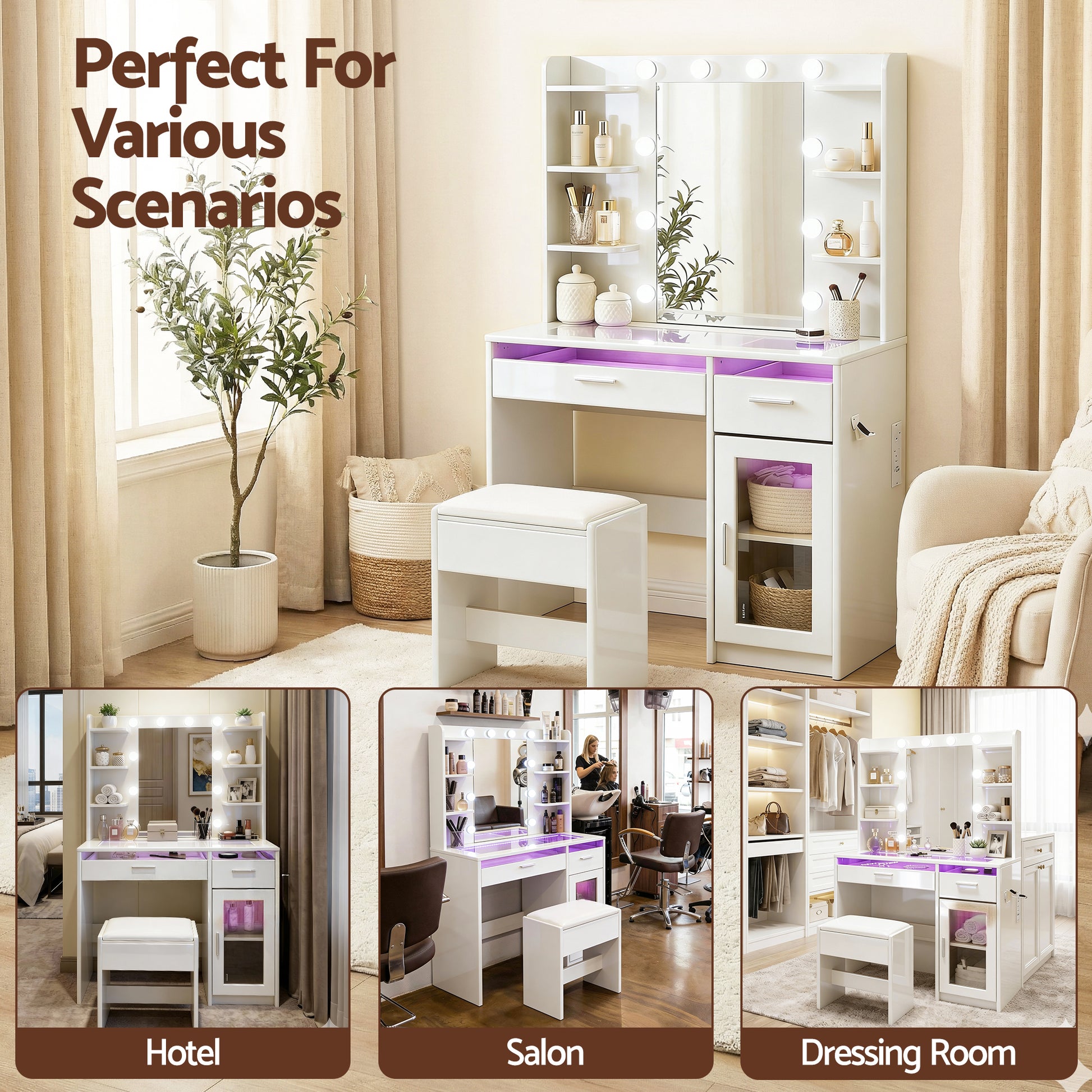 Artiss Dressing Table Vanity Desk Set 10 LED Bulbs RGB Light White - Homecoze