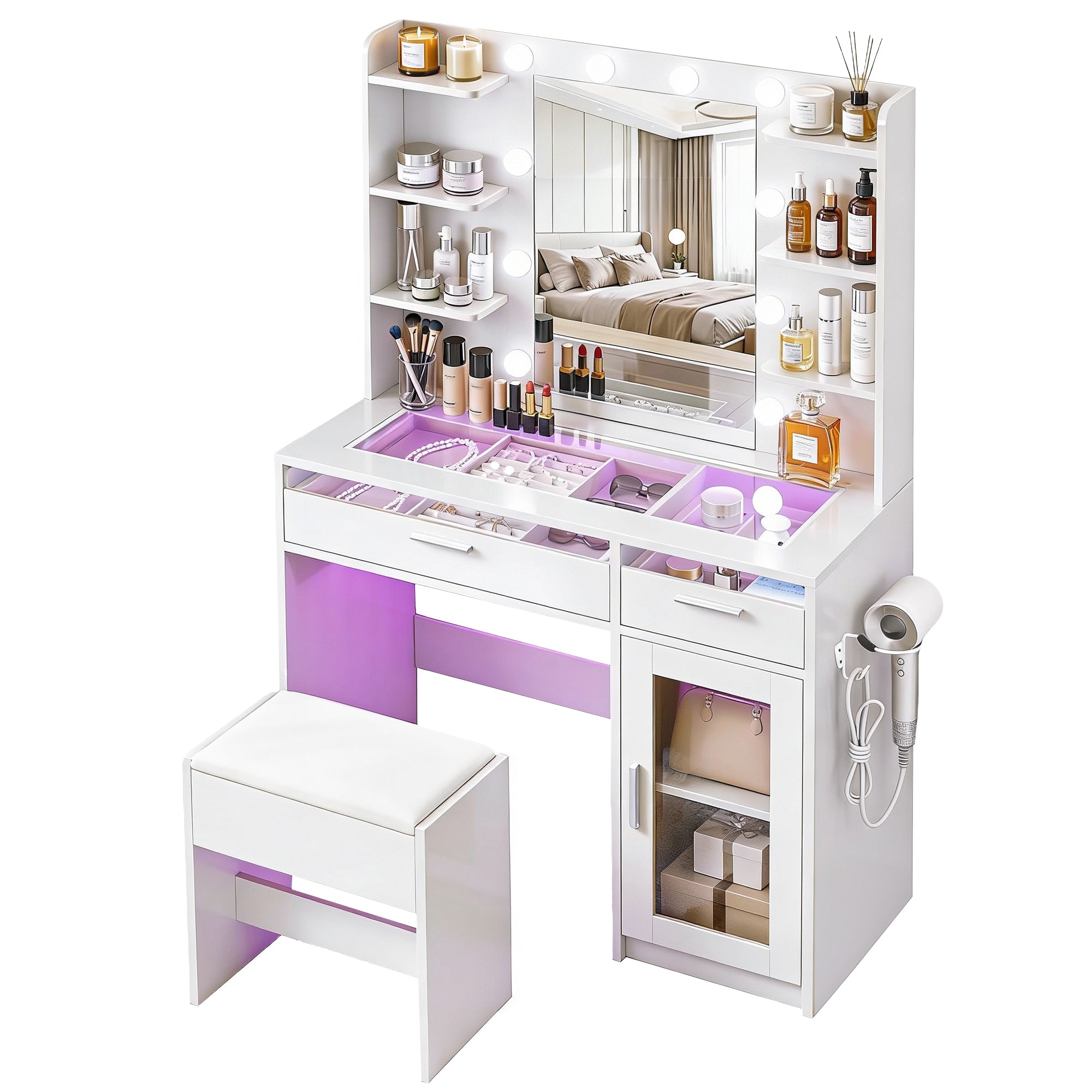 Artiss Dressing Table Vanity Desk Set 10 LED Bulbs RGB Light White - Homecoze