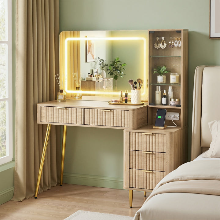 Fluted Dressing Table with LED Mirror - Natural