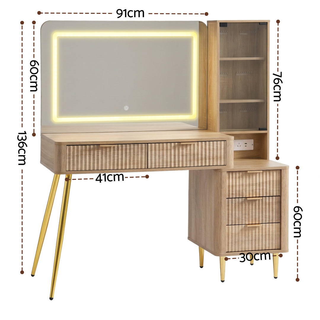 Fluted Dressing Table with LED Mirror - Natural