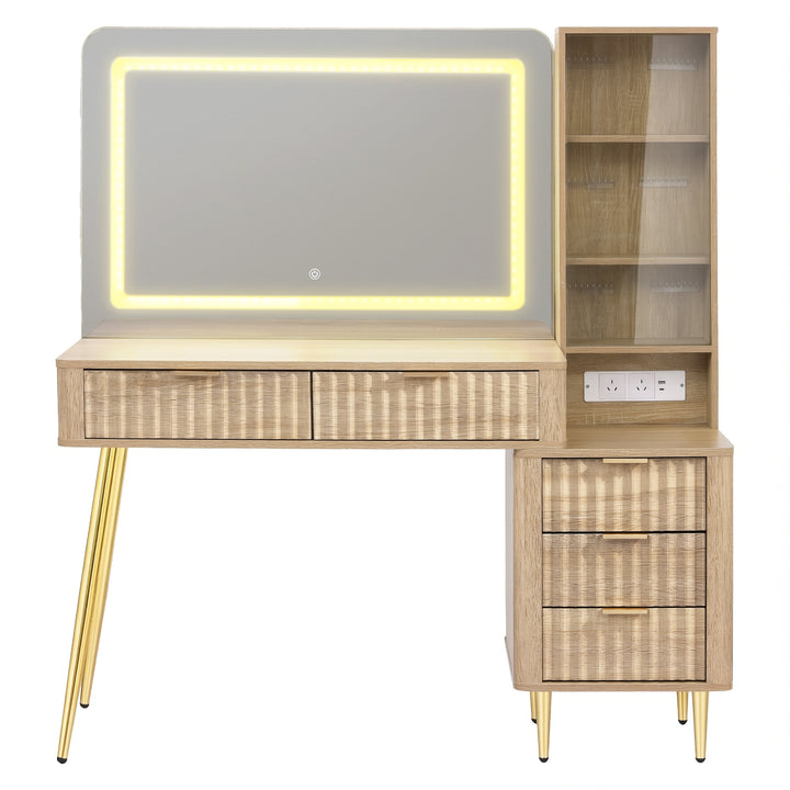 Fluted Dressing Table with LED Mirror - Natural
