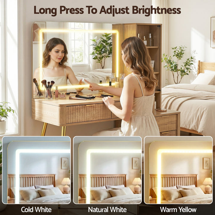 Fluted Dressing Table with LED Mirror - Natural