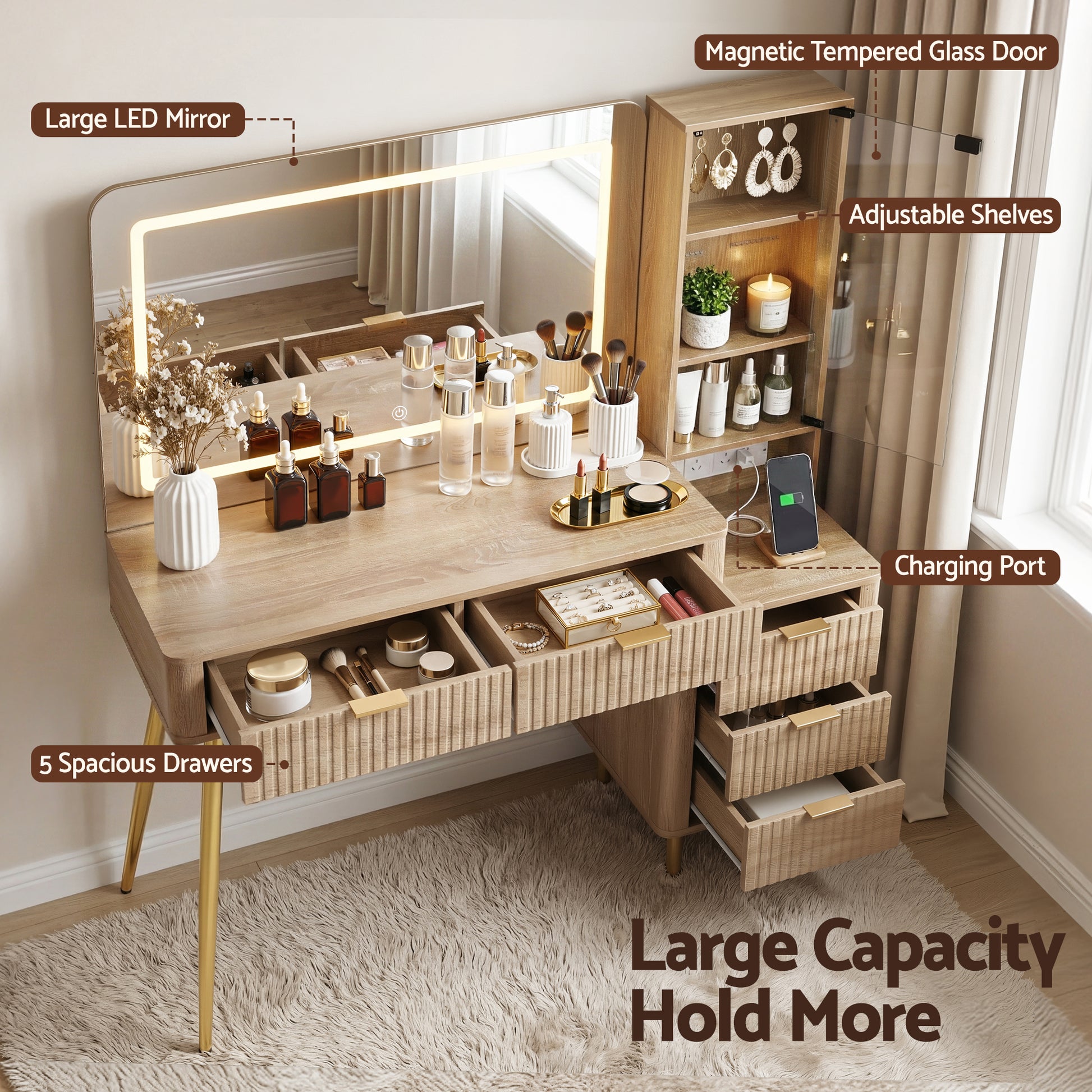 Fluted Dressing Table with LED Mirror - Natural - Homecoze