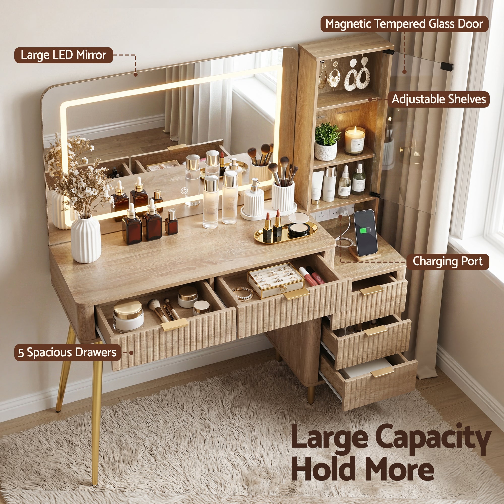 Fluted Dressing Table with LED Mirror - Natural - Homecoze