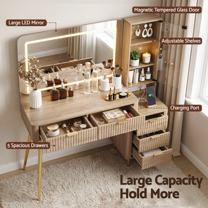 Fluted Dressing Table with LED Mirror - Natural