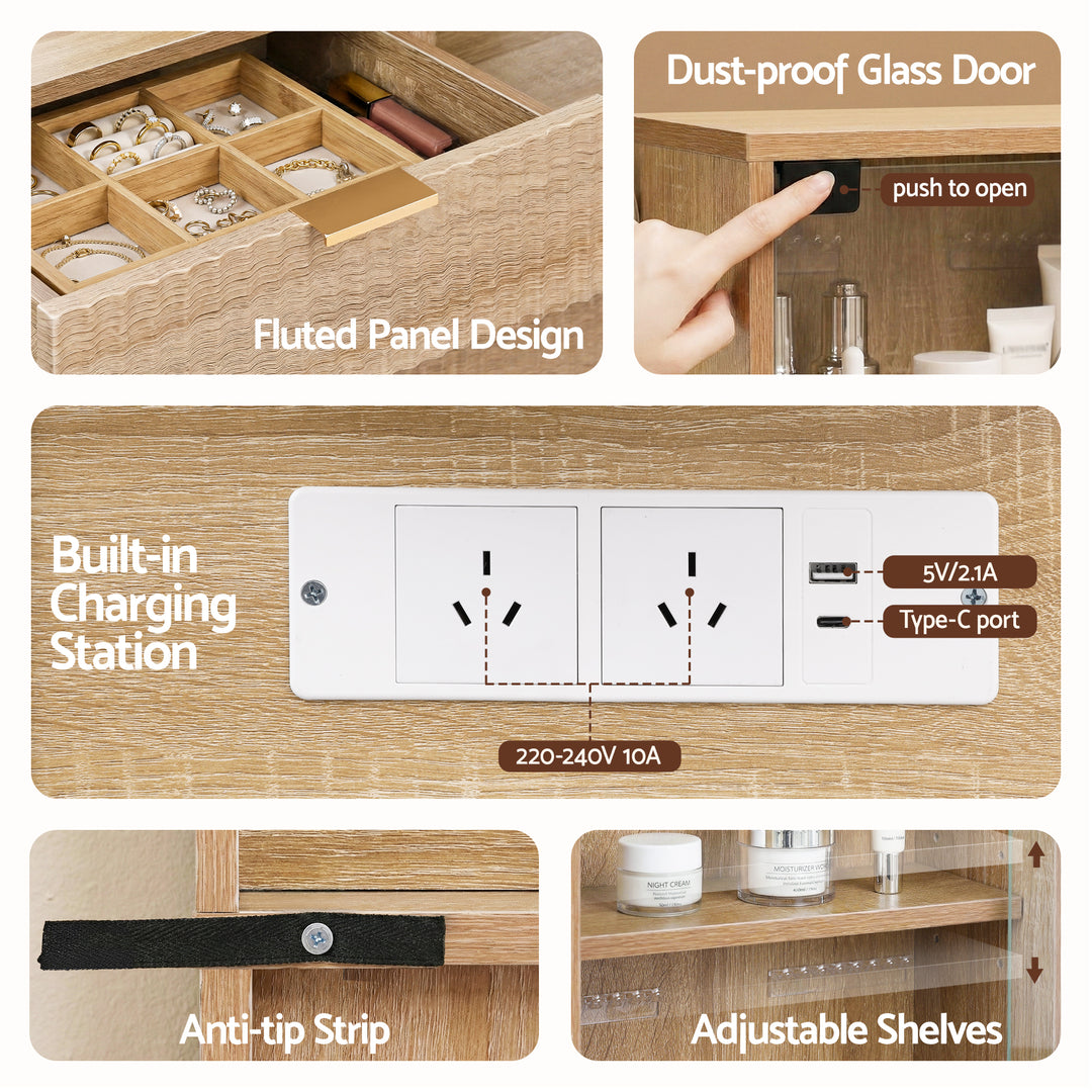 Fluted Dressing Table with LED Mirror - Natural
