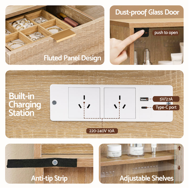 Fluted Dressing Table with LED Mirror - Natural