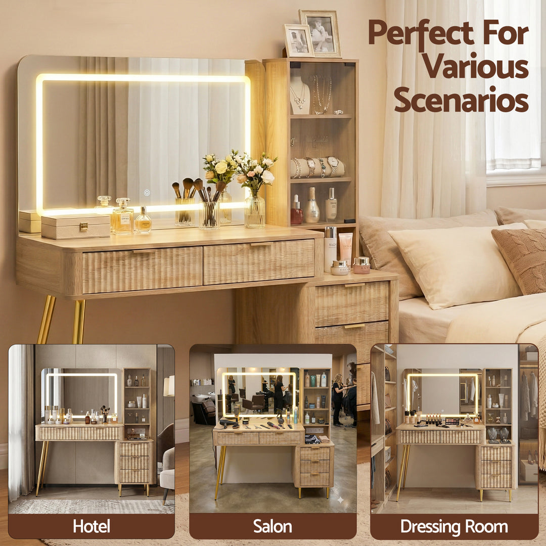 Fluted Dressing Table with LED Mirror - Natural
