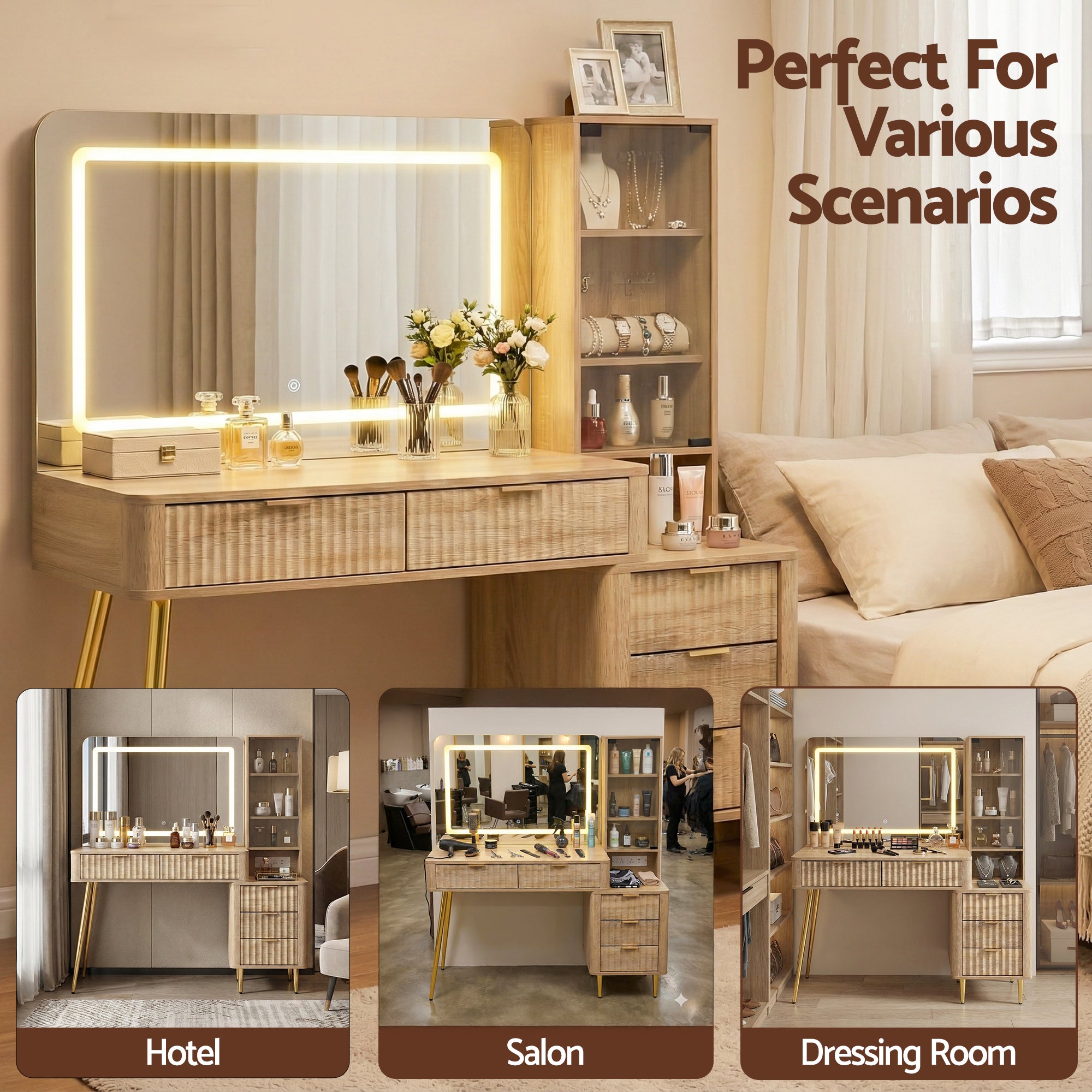 Fluted Dressing Table with LED Mirror - Natural - Homecoze
