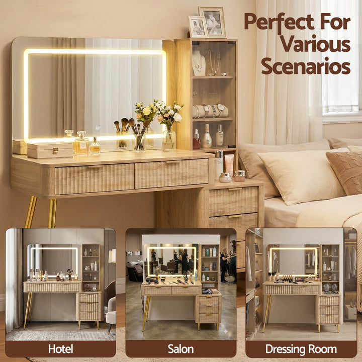Fluted Dressing Table with LED Mirror - Natural