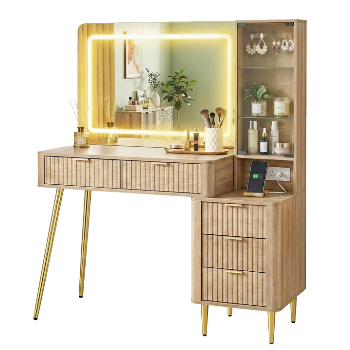 Fluted Dressing Table with LED Mirror - Natural