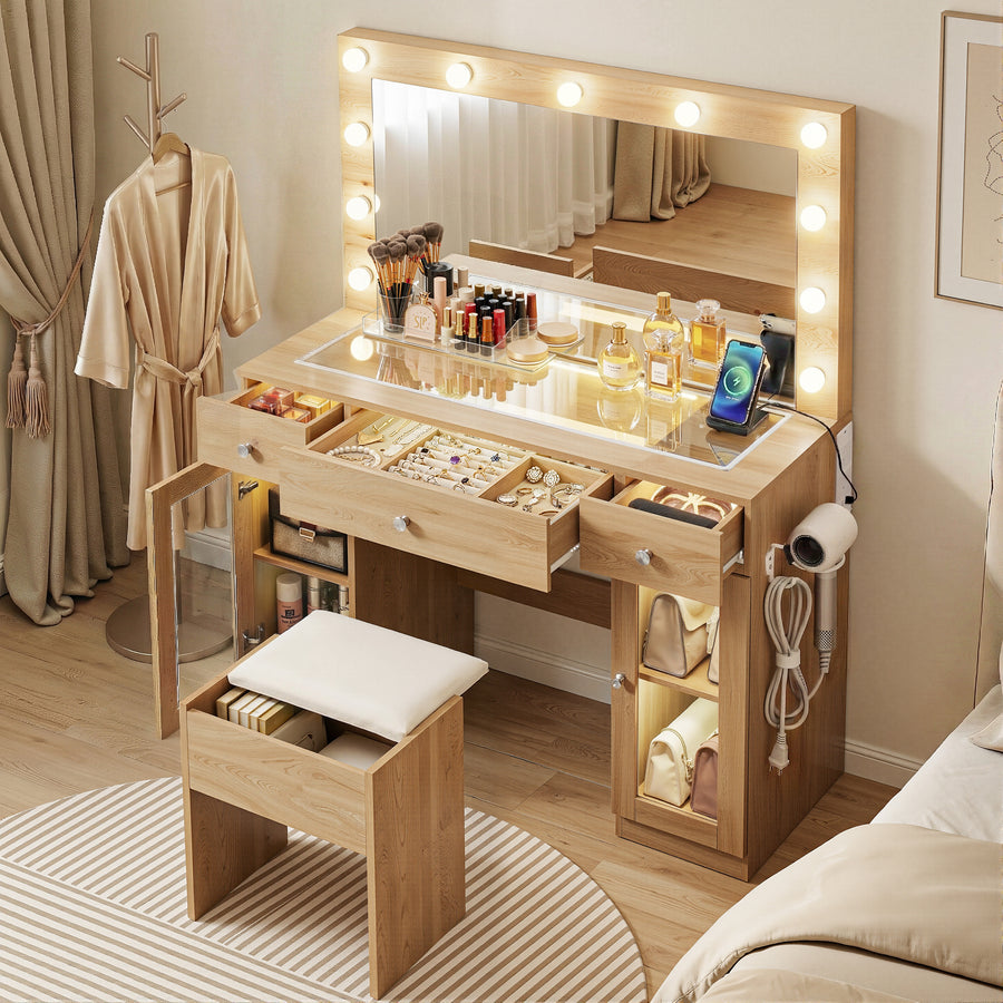 Artiss Dressing Table Vanity Desk Set LED Bulbs RGB Light Wood - Homecoze