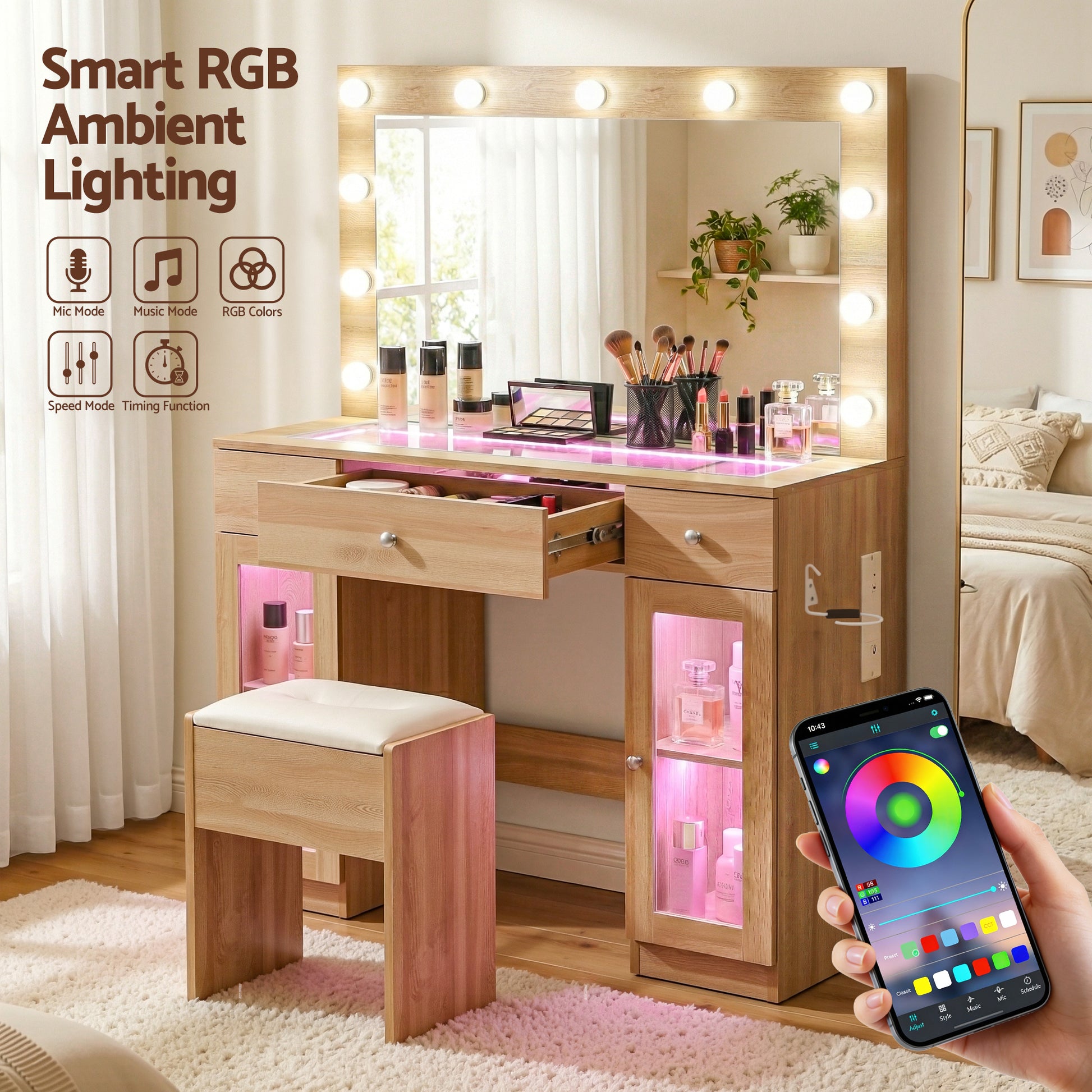 Artiss Dressing Table Vanity Desk Set LED Bulbs RGB Light Wood - Homecoze