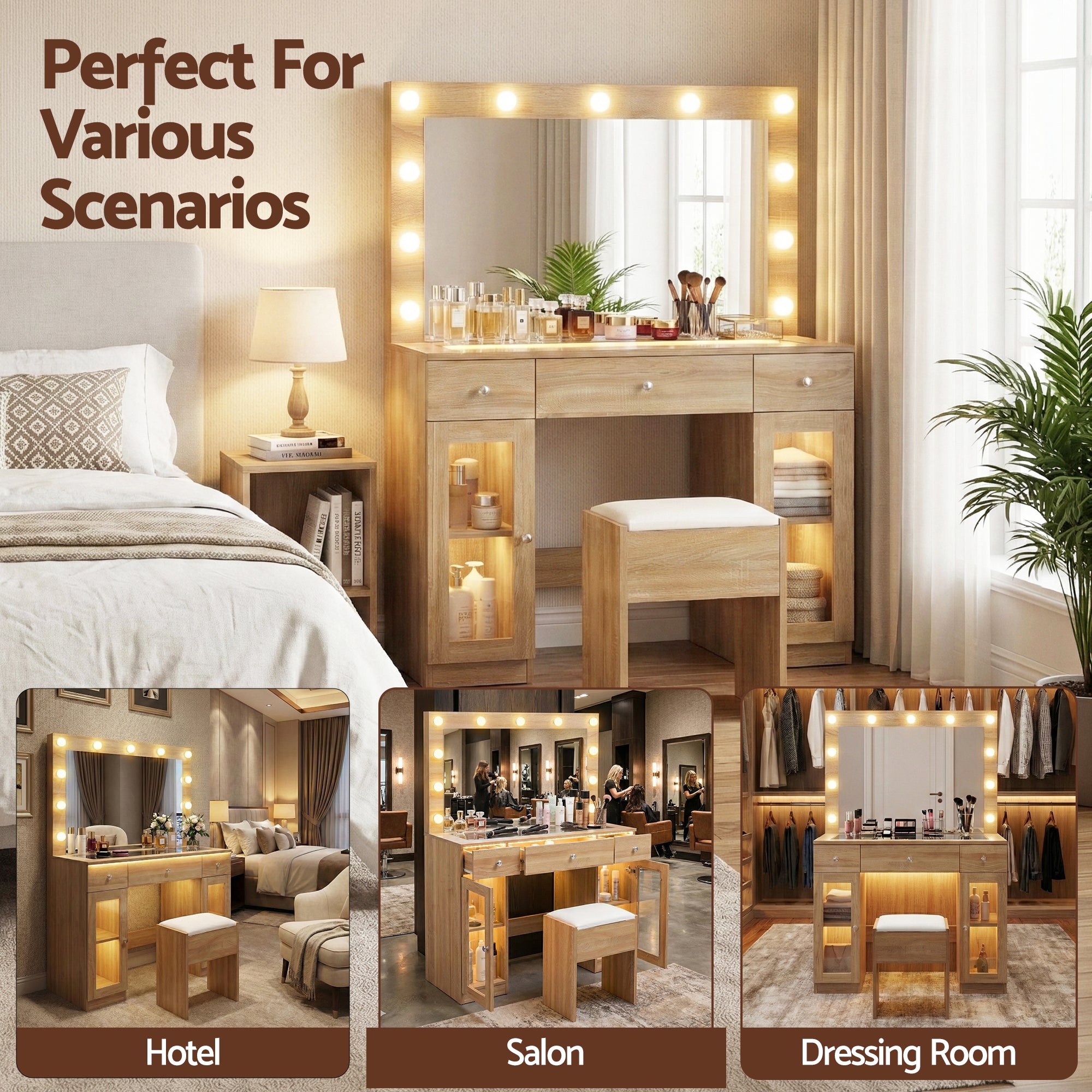 Artiss Dressing Table Vanity Desk Set LED Bulbs RGB Light Wood - Homecoze