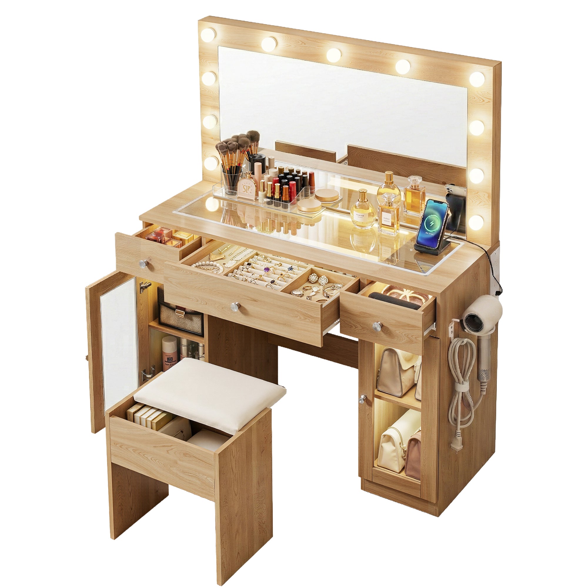 Artiss Dressing Table Vanity Desk Set LED Bulbs RGB Light Wood - Homecoze
