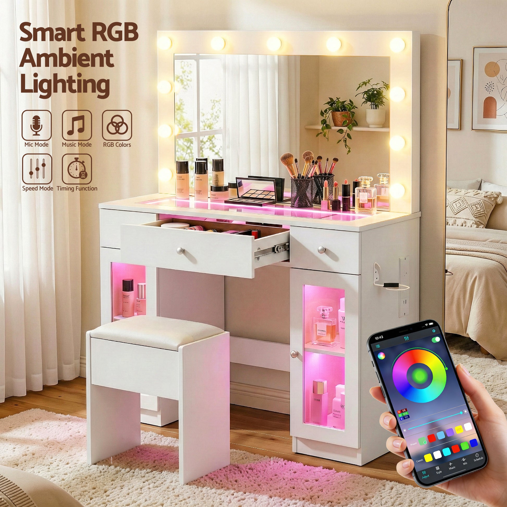 Artiss Dressing Table Vanity Desk Set LED Bulbs RGB Light White - Homecoze