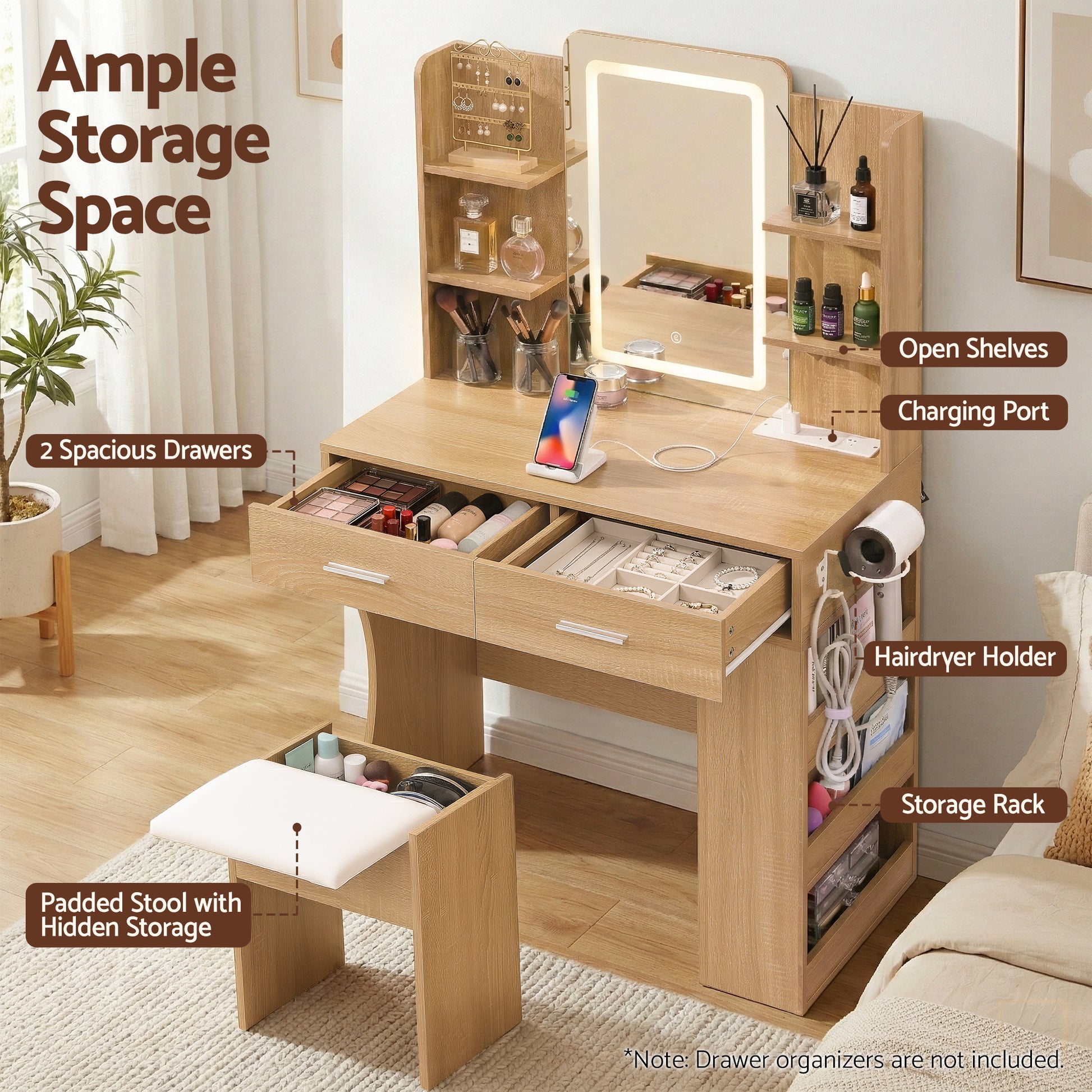 Artiss Dressing Table LED Vanity Desk Set Stool Wood - Homecoze