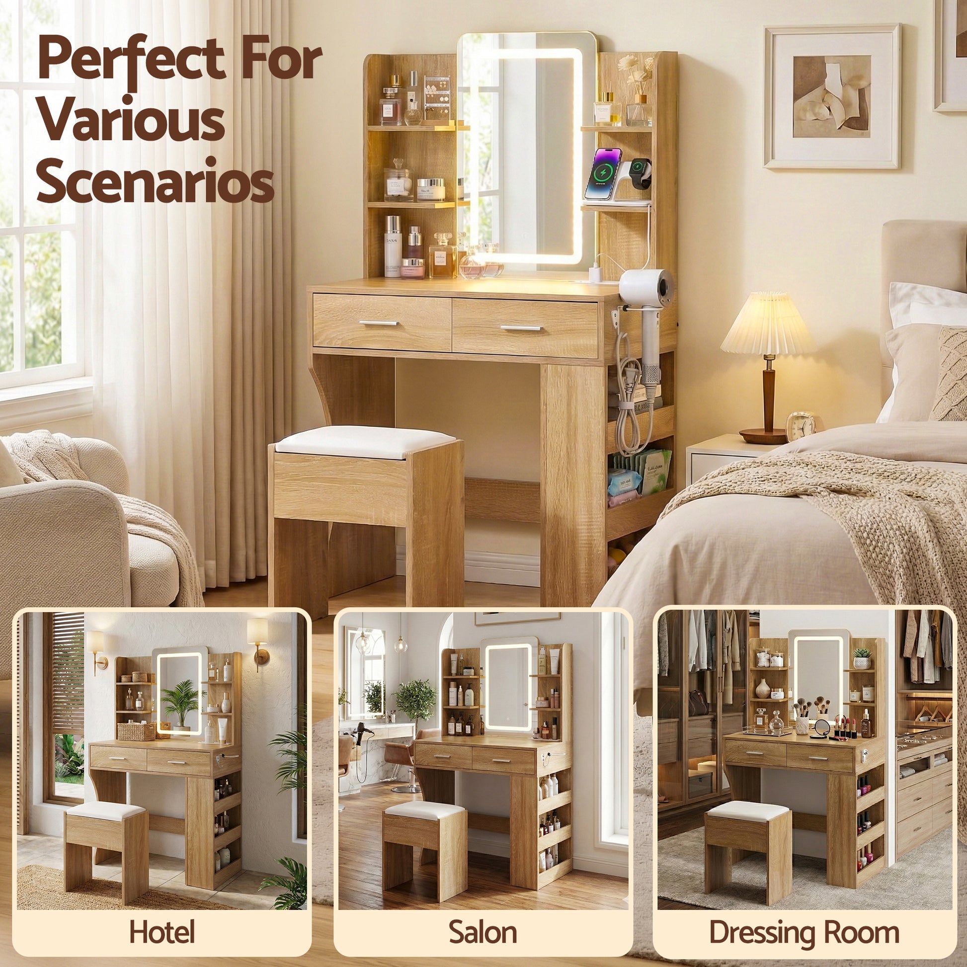 Artiss Dressing Table LED Vanity Desk Set Stool Wood - Homecoze