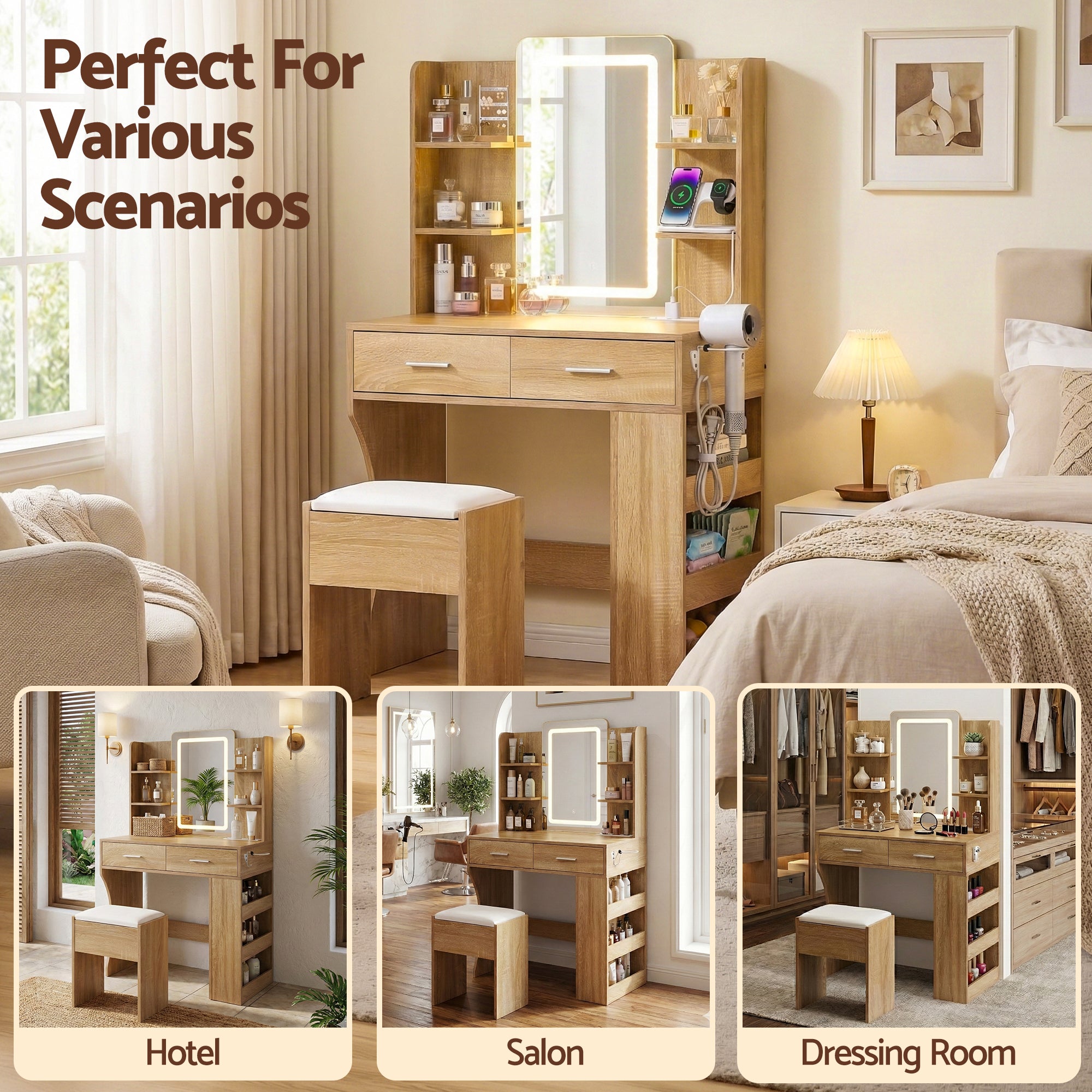 Artiss Dressing Table LED Vanity Desk Set Stool Wood - Homecoze