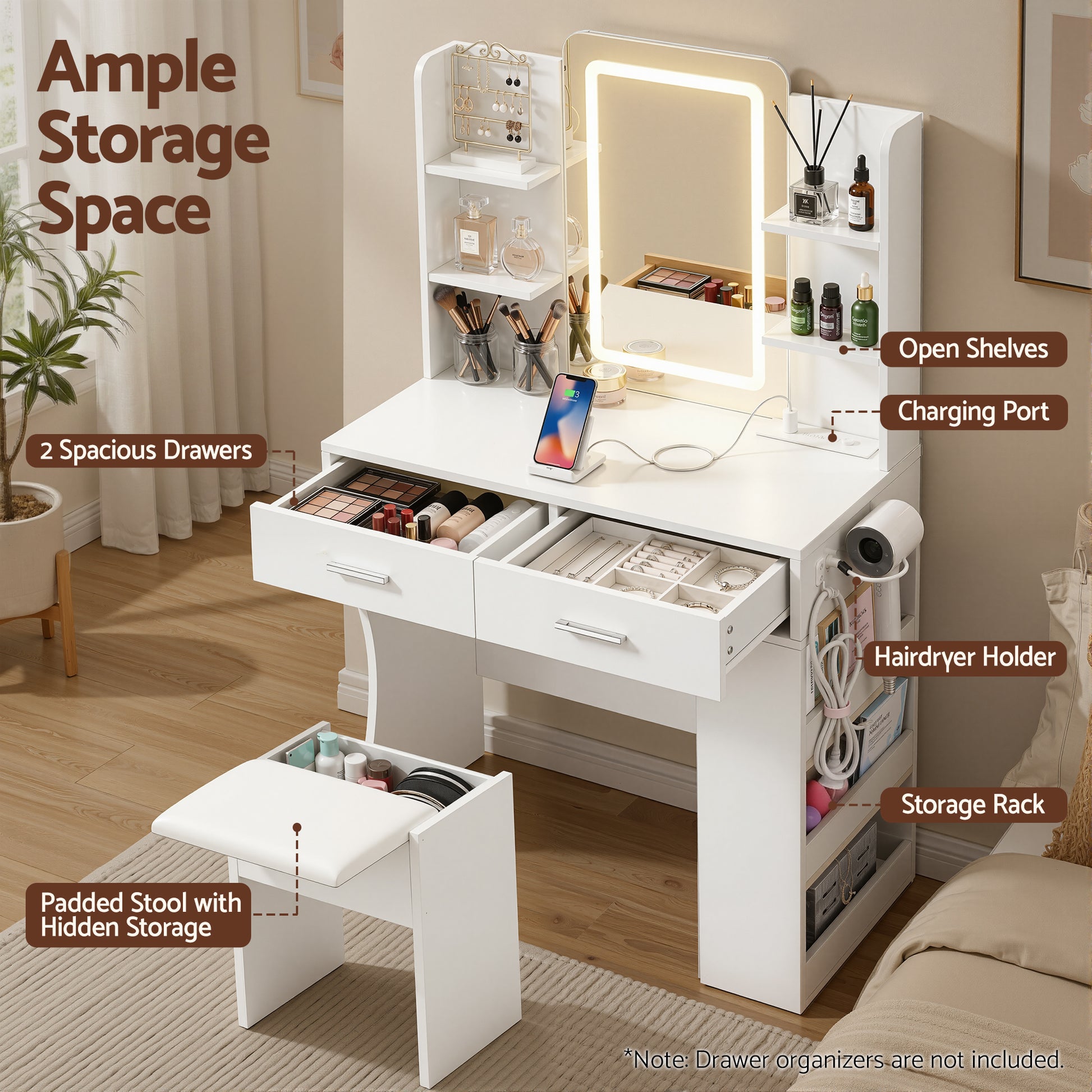Artiss Dressing Table LED Vanity Desk Set Stool White - Homecoze