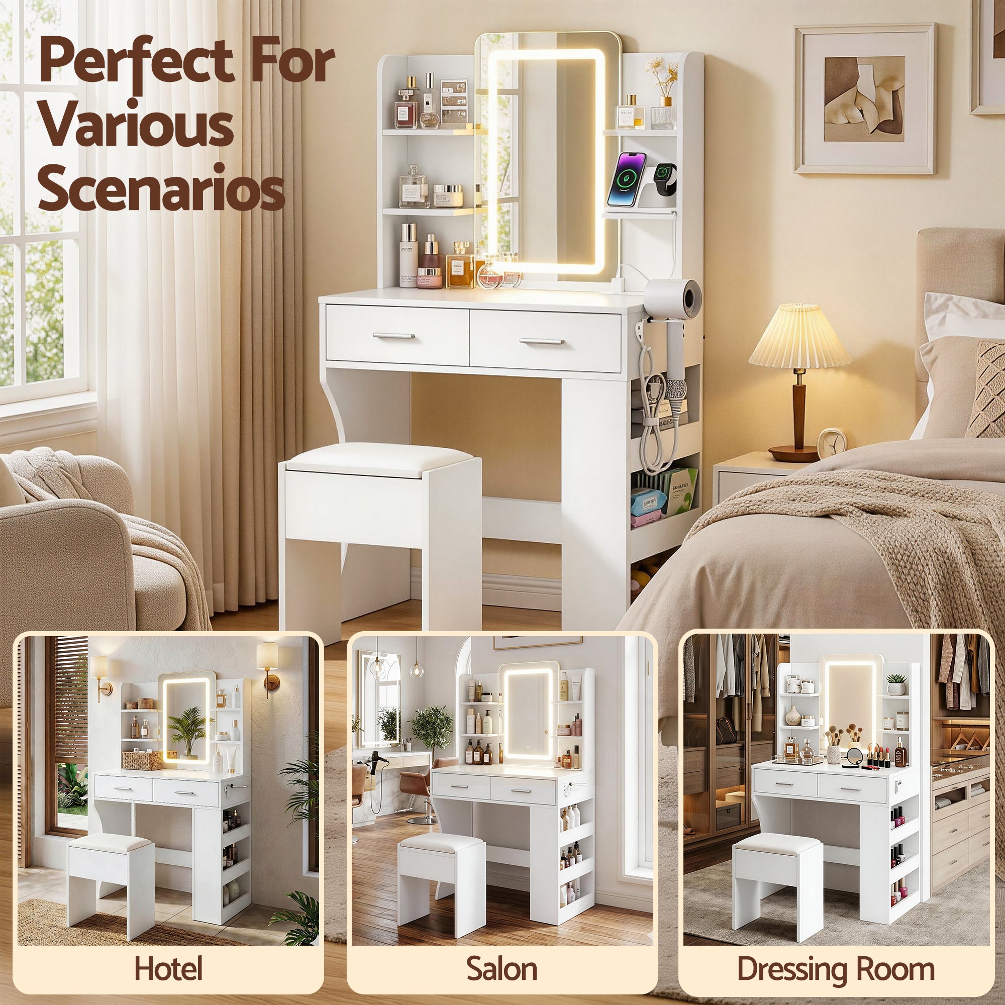 Artiss Dressing Table LED Vanity Desk Set Stool White - Homecoze