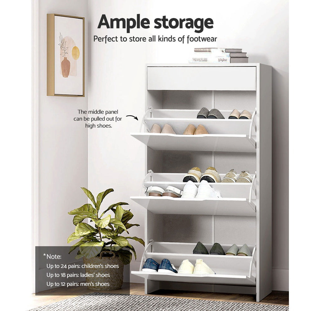 3 Tier Shoe Cabinet High Gloss Front Shoe Storage Cupboard - White - Homecoze