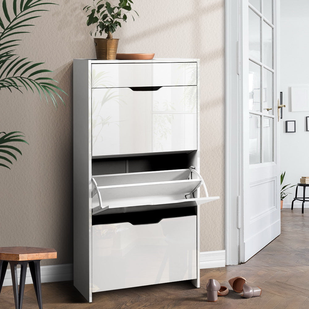 3 Tier Shoe Cabinet High Gloss Front Shoe Storage Cupboard - White - Homecoze