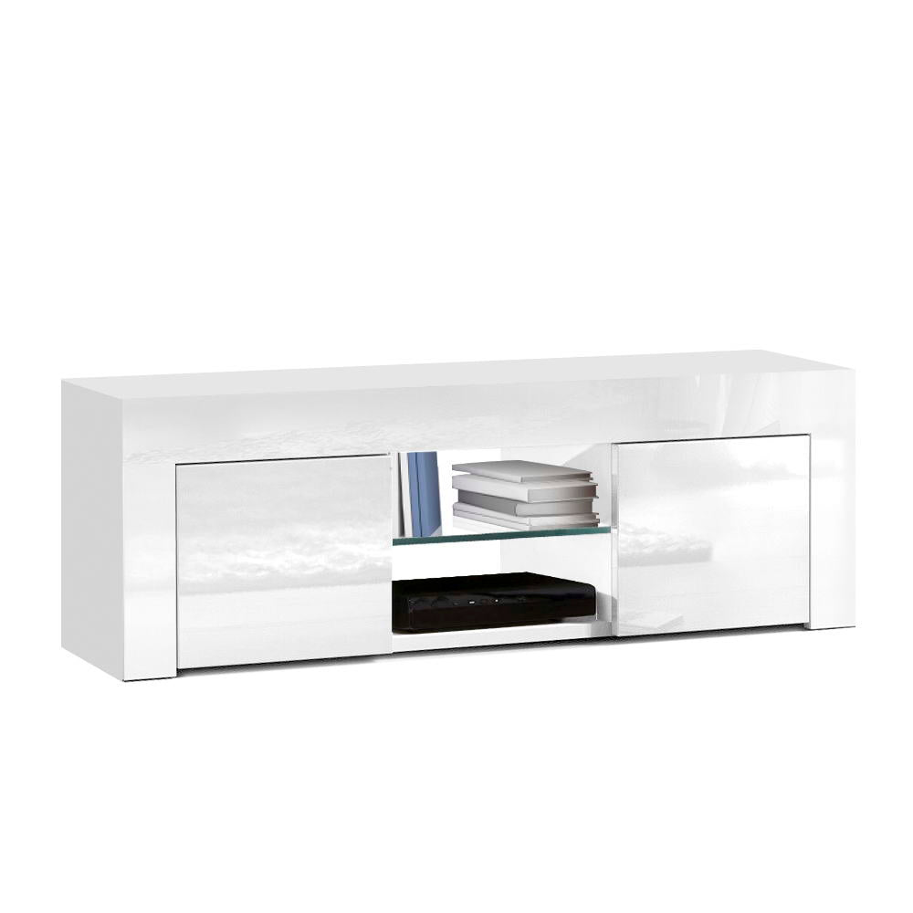 High Gloss White Entertainment Unit with Tempered Glass Shelf 130cm - Homecoze