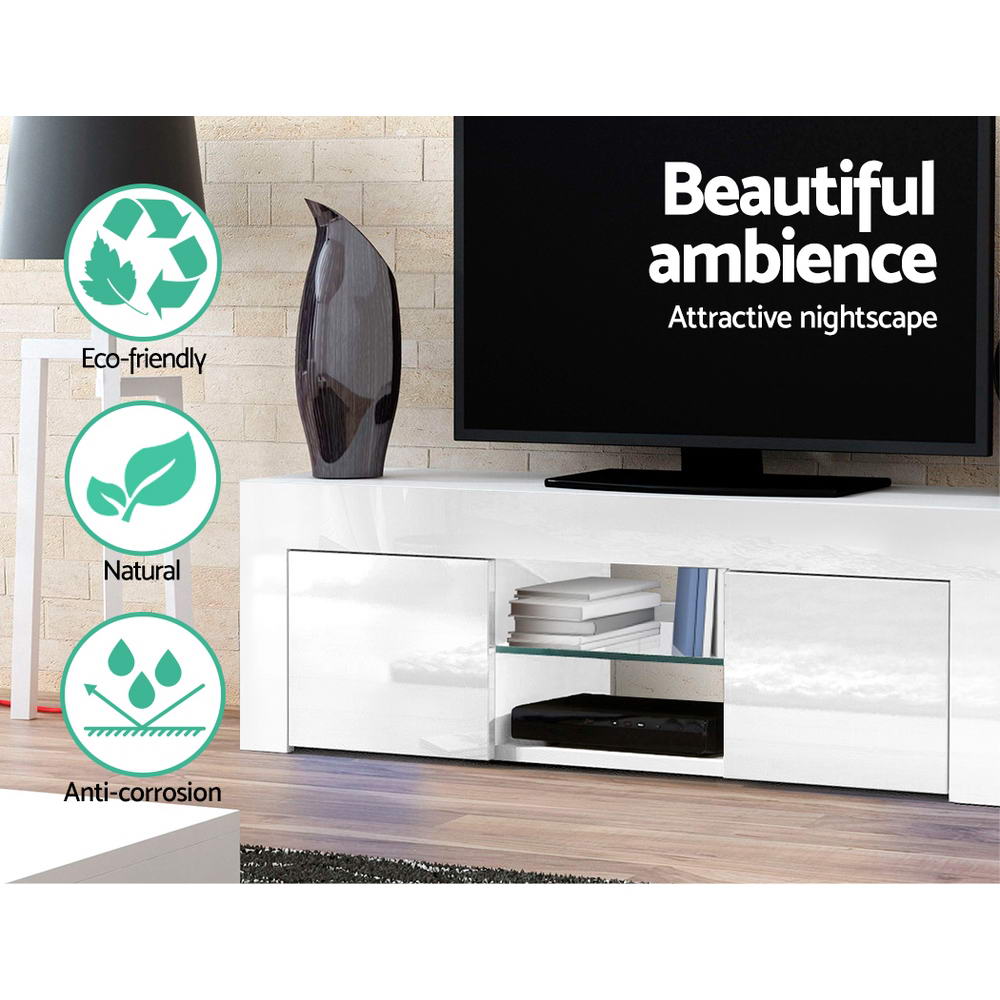 High Gloss White Entertainment Unit with Tempered Glass Shelf 130cm - Homecoze