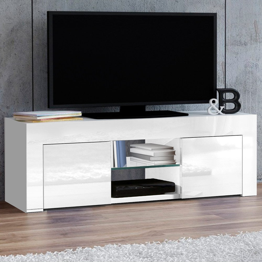 High Gloss White Entertainment Unit with Tempered Glass Shelf 130cm - Homecoze