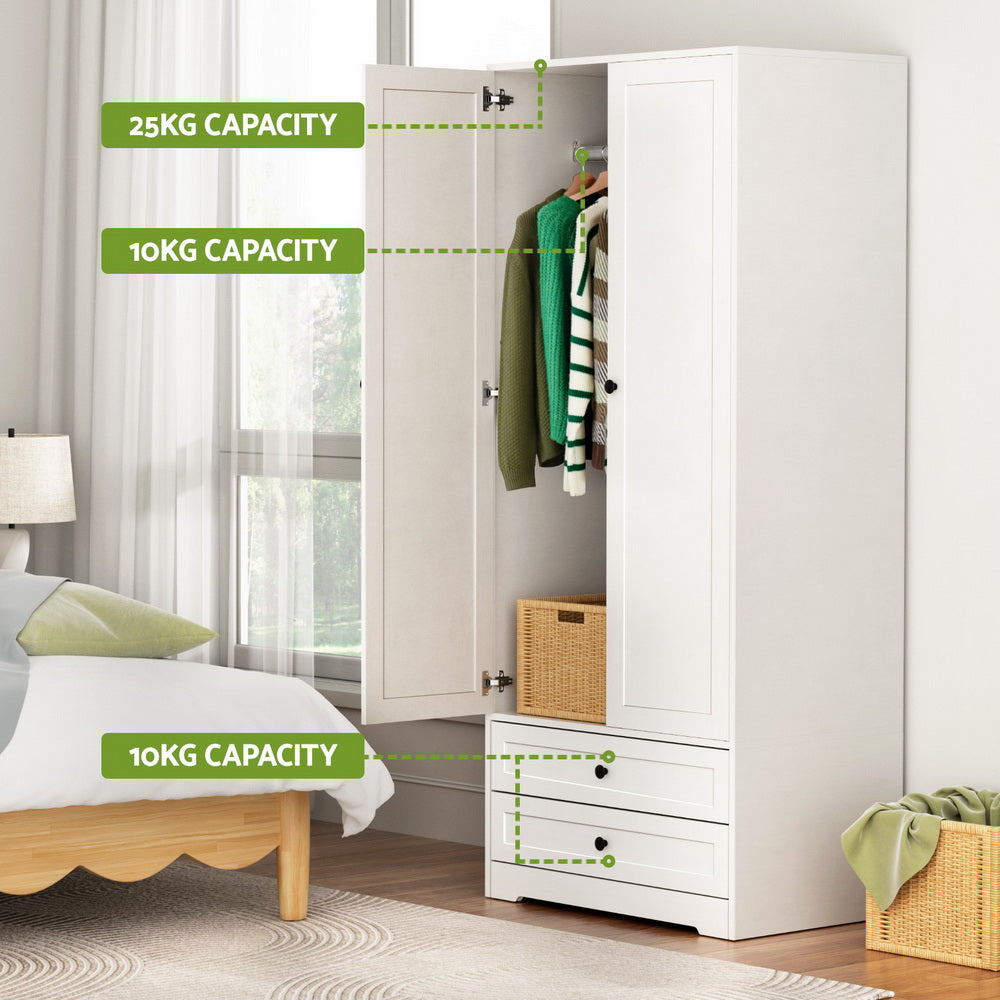 2-Door Freestanding Wardrobe - White - Homecoze