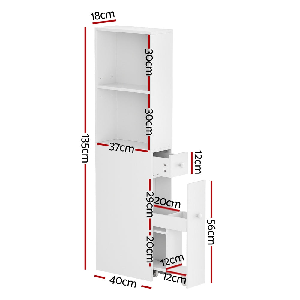 Slimline Bathroom Storage Cabinet 135cm - White - Homecoze