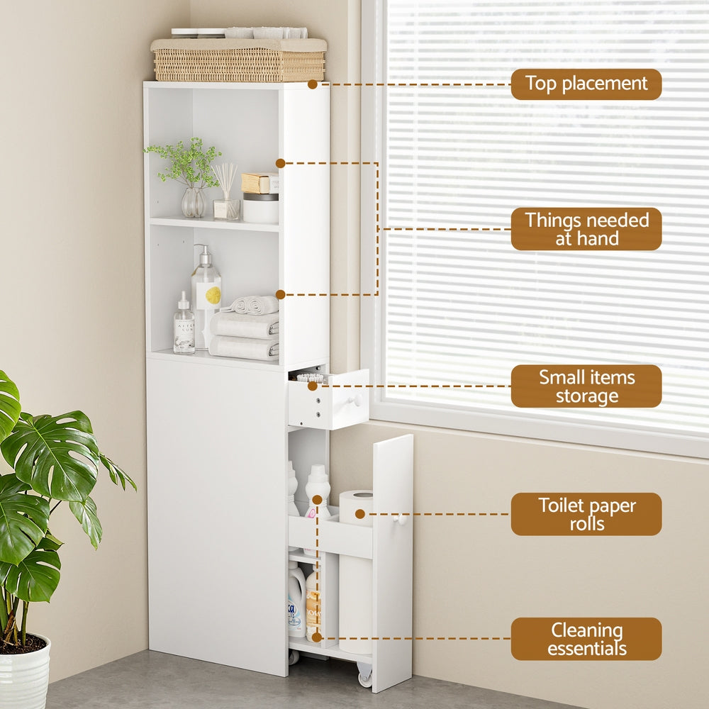 Slimline Bathroom Storage Cabinet 135cm - White - Homecoze