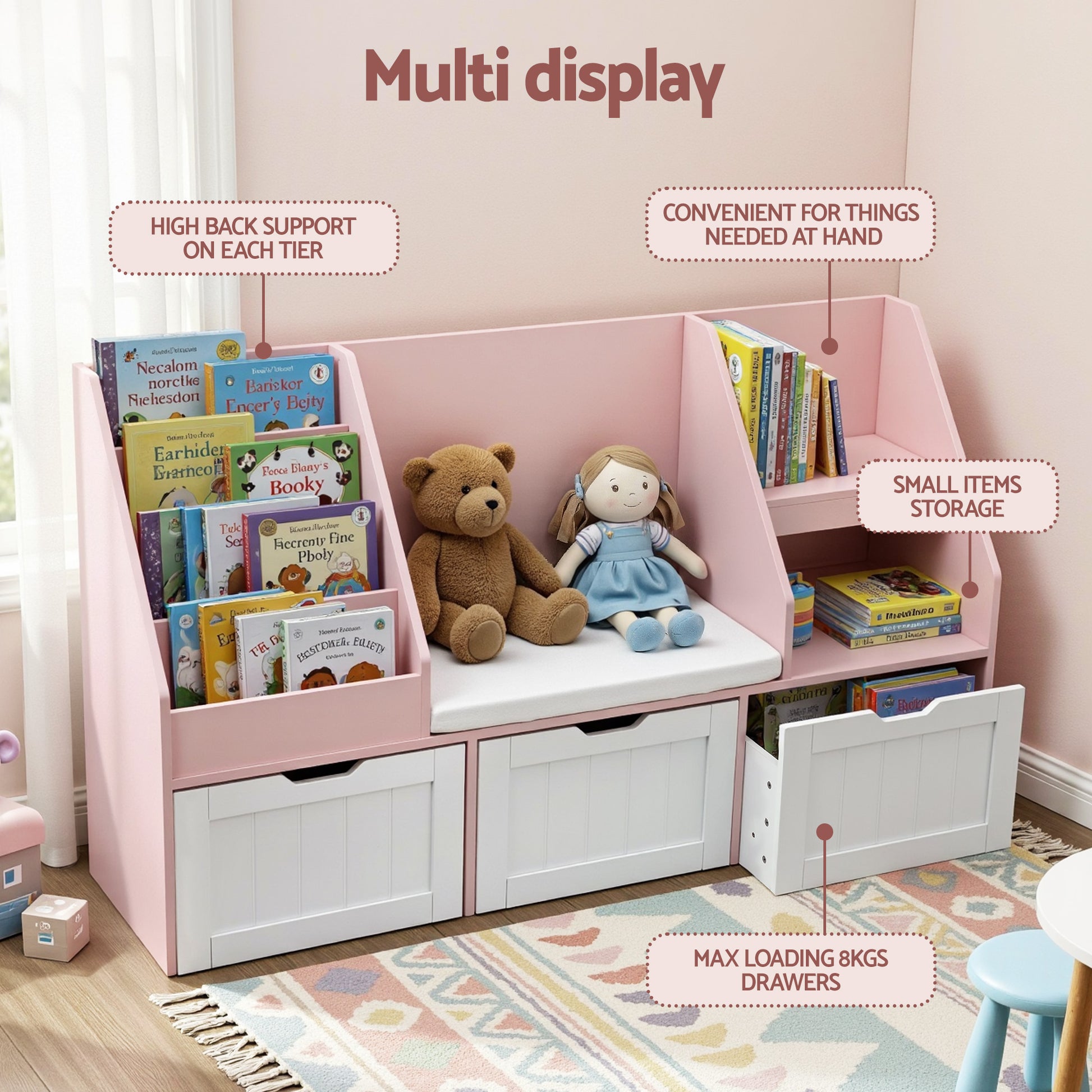 Kids Bookshelf Storage Organiser - Pink - Homecoze