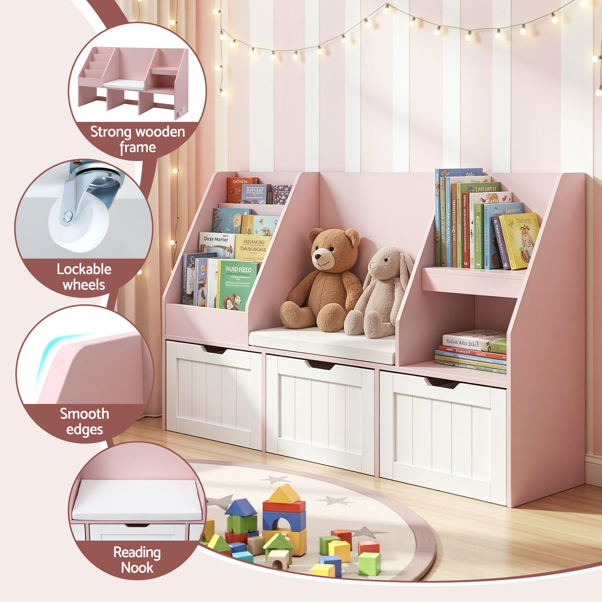 Kids Bookshelf Storage Organiser - Pink - Homecoze