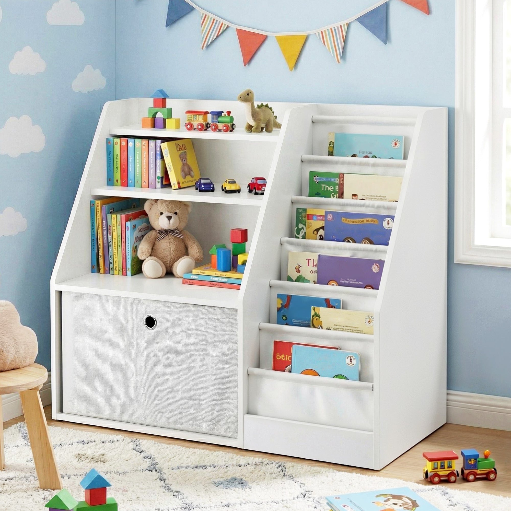 Keezi Kids Bookshelf Children Bookcase Organizer Storage Rack Display Drawer White - Homecoze