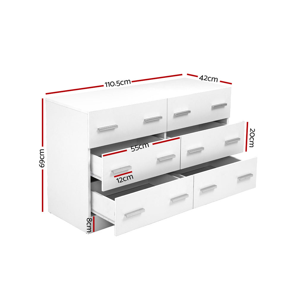 Modern 6 Drawer Lowboy Chest of Drawers Dresser - White Homecoze