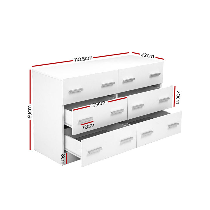 Modern 6 Drawer Lowboy Chest of Drawers Dresser - White Homecoze