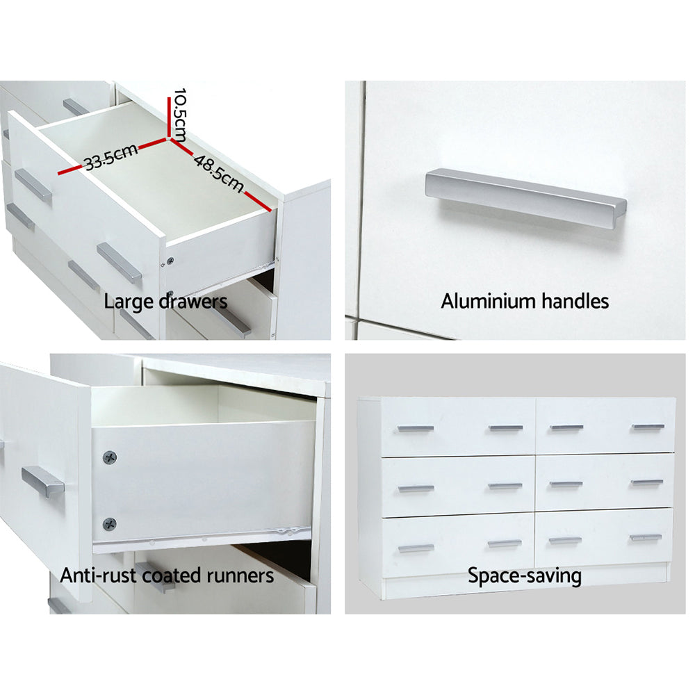 Modern 6 Drawer Lowboy Chest of Drawers Dresser - White - Homecoze