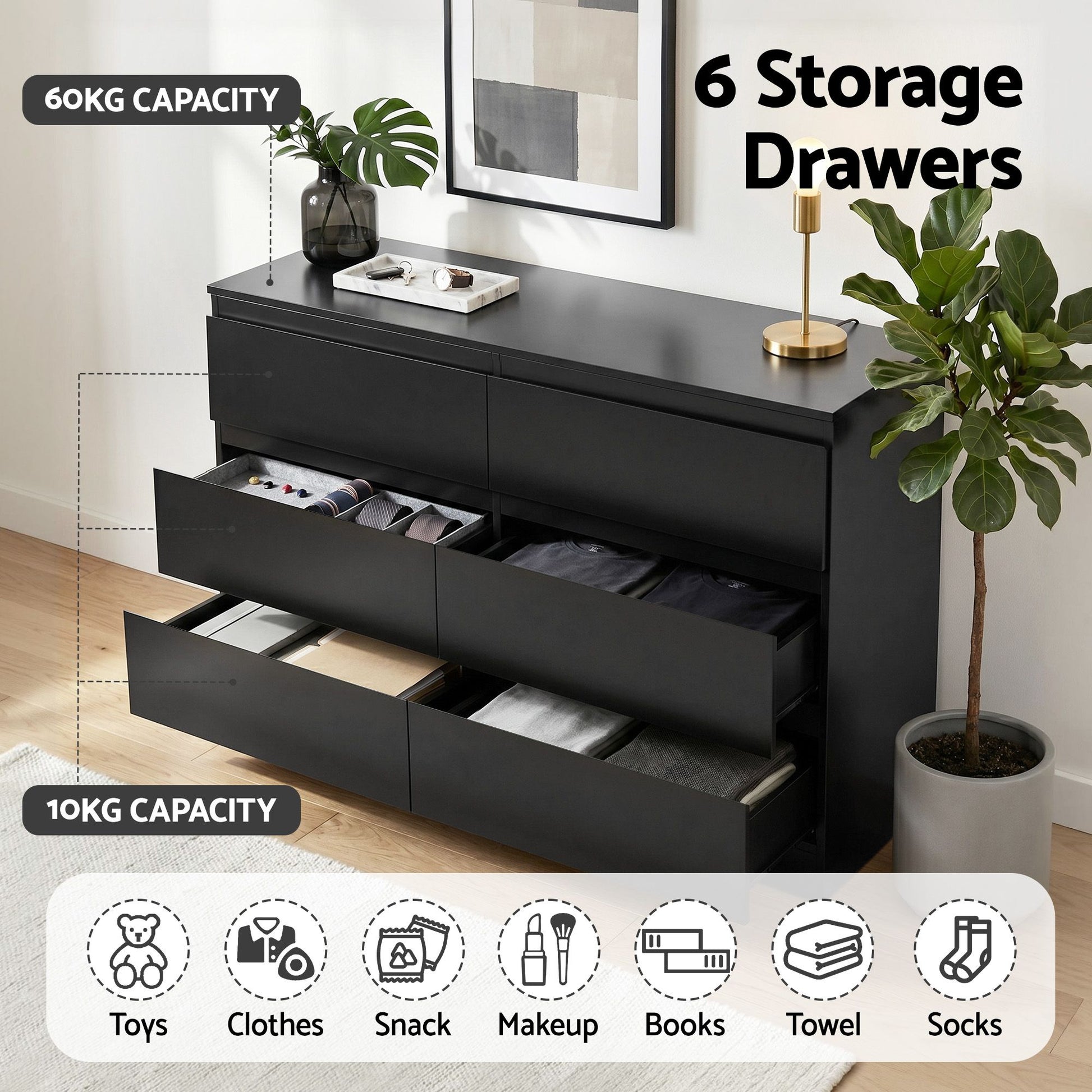 Artiss 6 Chest of Drawers Lowboy Black - Homecoze