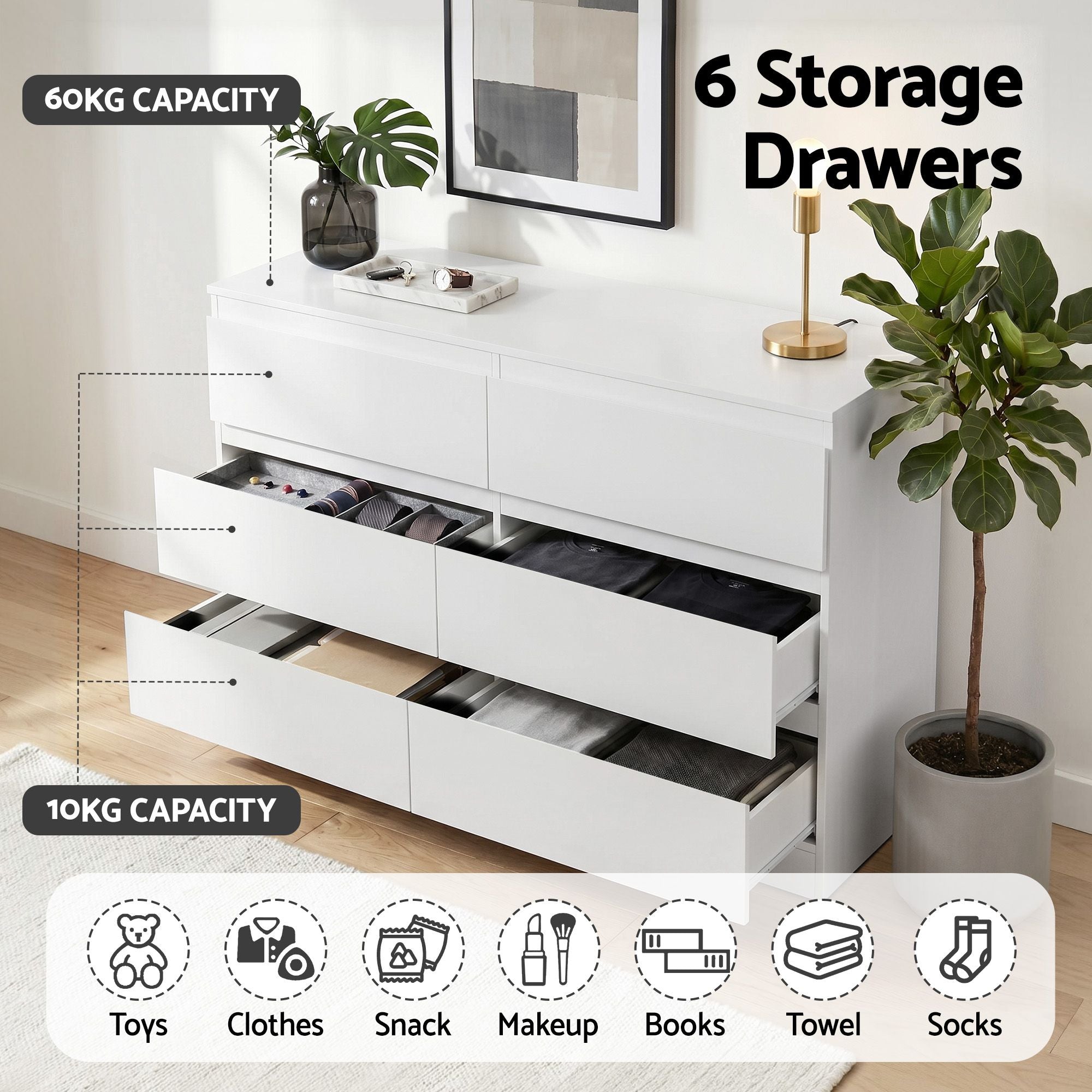 Artiss 6 Chest of Drawers Lowboy White - Homecoze