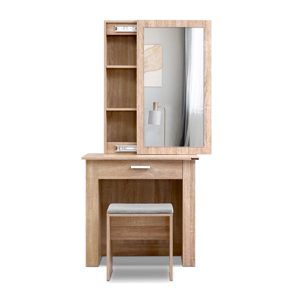 Mirrored Dressing Table and Stool Set with Sliding Mirror Vanity Makeup Desk Organizer - Oak - Homecoze