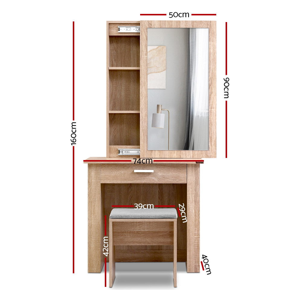 Mirrored Dressing Table and Stool Set with Sliding Mirror Vanity Makeup Desk Organizer - Oak - Homecoze