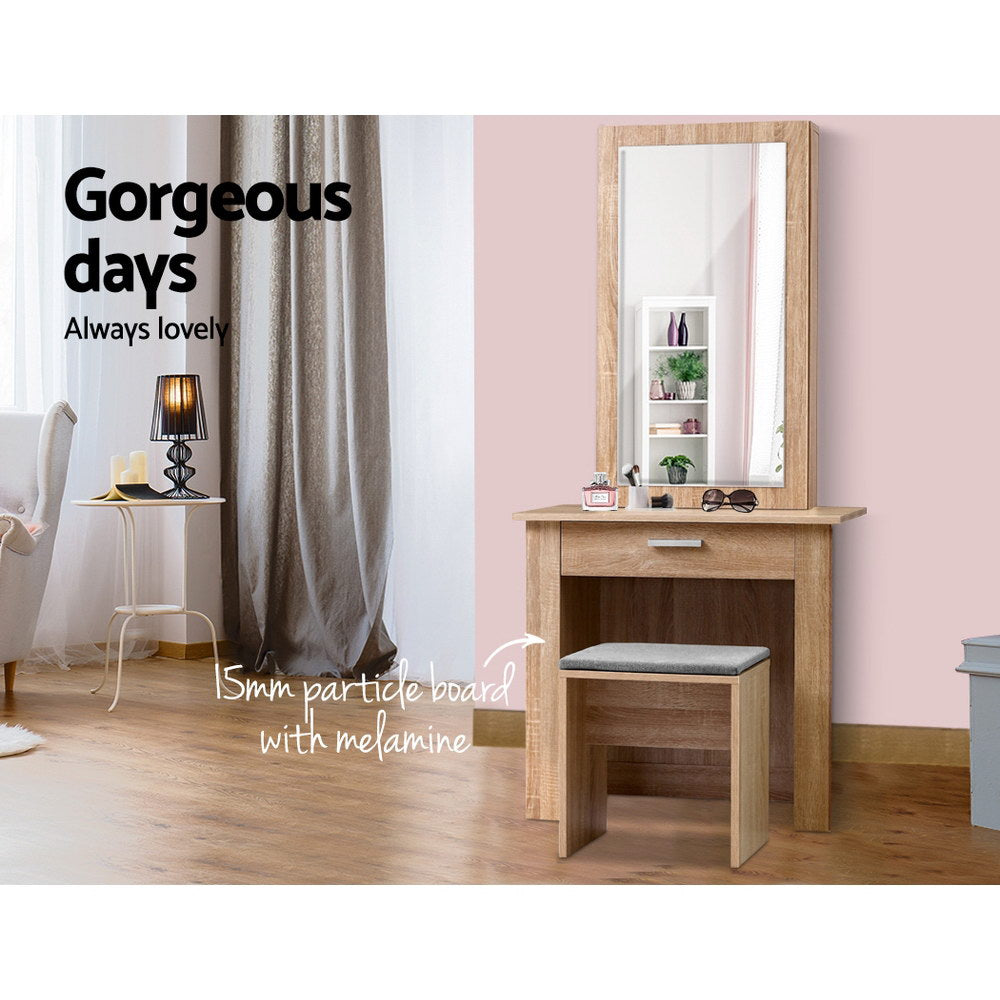 Mirrored Dressing Table and Stool Set with Sliding Mirror Vanity Makeup Desk Organizer - Oak - Homecoze