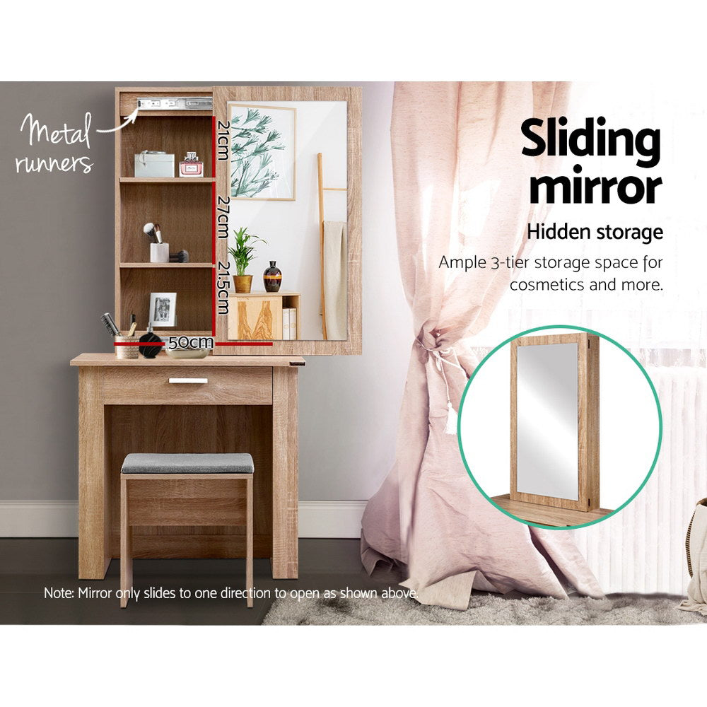 Mirrored Dressing Table and Stool Set with Sliding Mirror Vanity Makeup Desk Organizer - Oak - Homecoze
