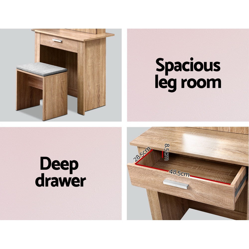 Mirrored Dressing Table and Stool Set with Sliding Mirror Vanity Makeup Desk Organizer - Oak - Homecoze