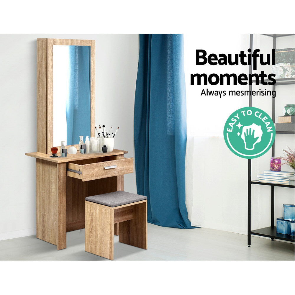Mirrored Dressing Table and Stool Set with Sliding Mirror Vanity Makeup Desk Organizer - Oak - Homecoze