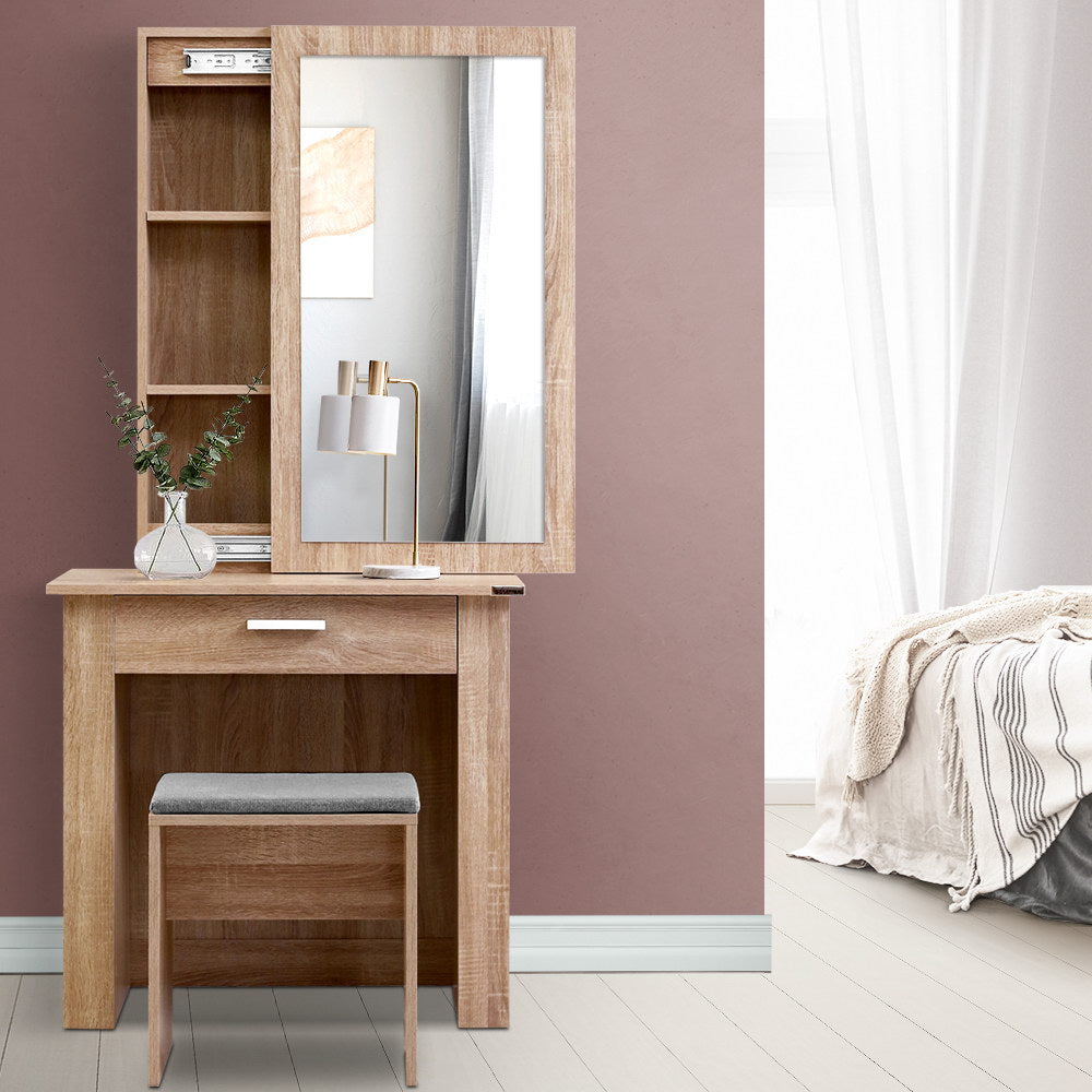 Mirrored Dressing Table and Stool Set with Sliding Mirror Vanity Makeup Desk Organizer - Oak - Homecoze